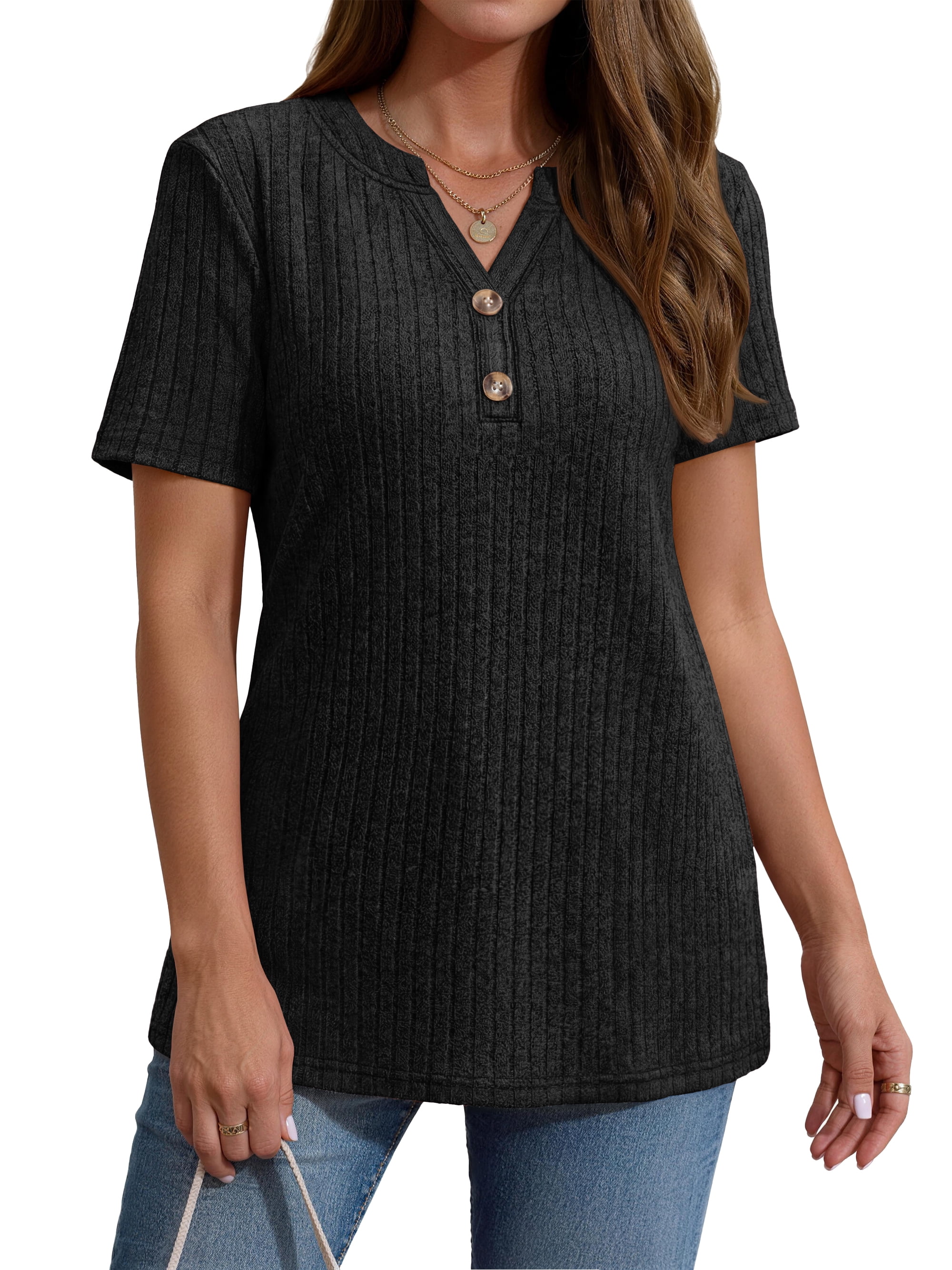 Fantaslook V Neck Tops for Women Short Sleeve Henry Shirts with Button Dressy Casual Summer Blouses Tops