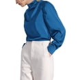 thumbnail image 4 of INSPIRE CHIC Women's Satin Blouse Mock Neck Pleated Puff Sleeve Top M Blue, 4 of 6