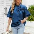 thumbnail image 2 of Perfectbot Womens Tops Plus Size Crew Neck Blouse Puff Elbow Sleeve Plain Bow Denim Going Out Fall Tops Trendy Shirts Size S-XXL, 2 of 7