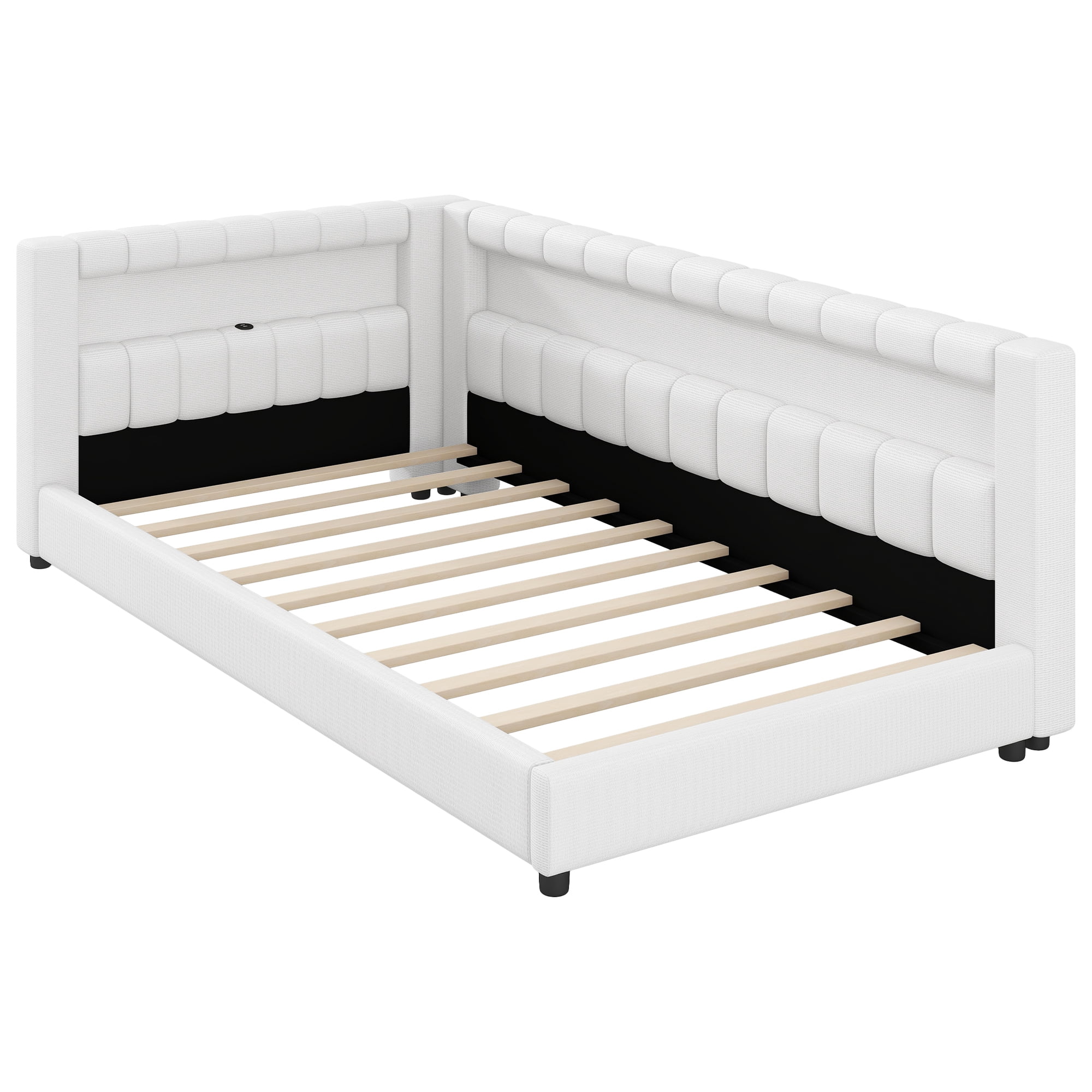 Euroco Upholstery Twin XL Platform Bed with LED Light and USB Ports, White