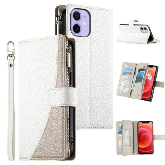 Funda cartera GANGXUN para iPhone 12 Mini , cuero PU con tarjetero, cremallera, correa de mano, soporte y protección 579°
