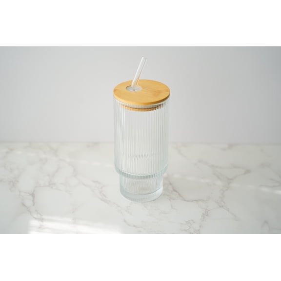 Set of 2 Aurora Ribbed Glass Tumbler with Bamboo Lid and Glass Straw - 11 oz