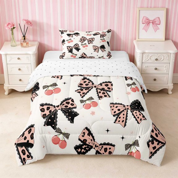 Erosebridal Leopard Bow Heart Print Twin Comforter Sets for Girls, Cheetah Animal Spots Love Bedding Set, Reversible 2 Pieces 1 Comforter and 1 Pillowcase
