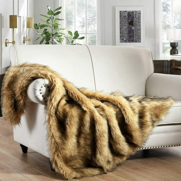 Luxury Plush Faux Fur Throw Blanket, Long Pile Golden Yellow with Black Tipped Blanket, Super Warm, Fuzzy, Elegant, Fluffy Decoration Blanket Scarf for Sofa, Armchair, Couch and Bed, 50''x 60''