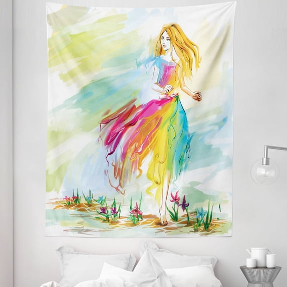 Watercolor Tapestry, Young Barefoot Lady in Sketchy Dress Runs on Field Spring Flower Woman Artwork, Fabric Wall Hanging Decor for Bedroom Living Room Dorm, 5 Sizes, Multicolor, by Ambesonne