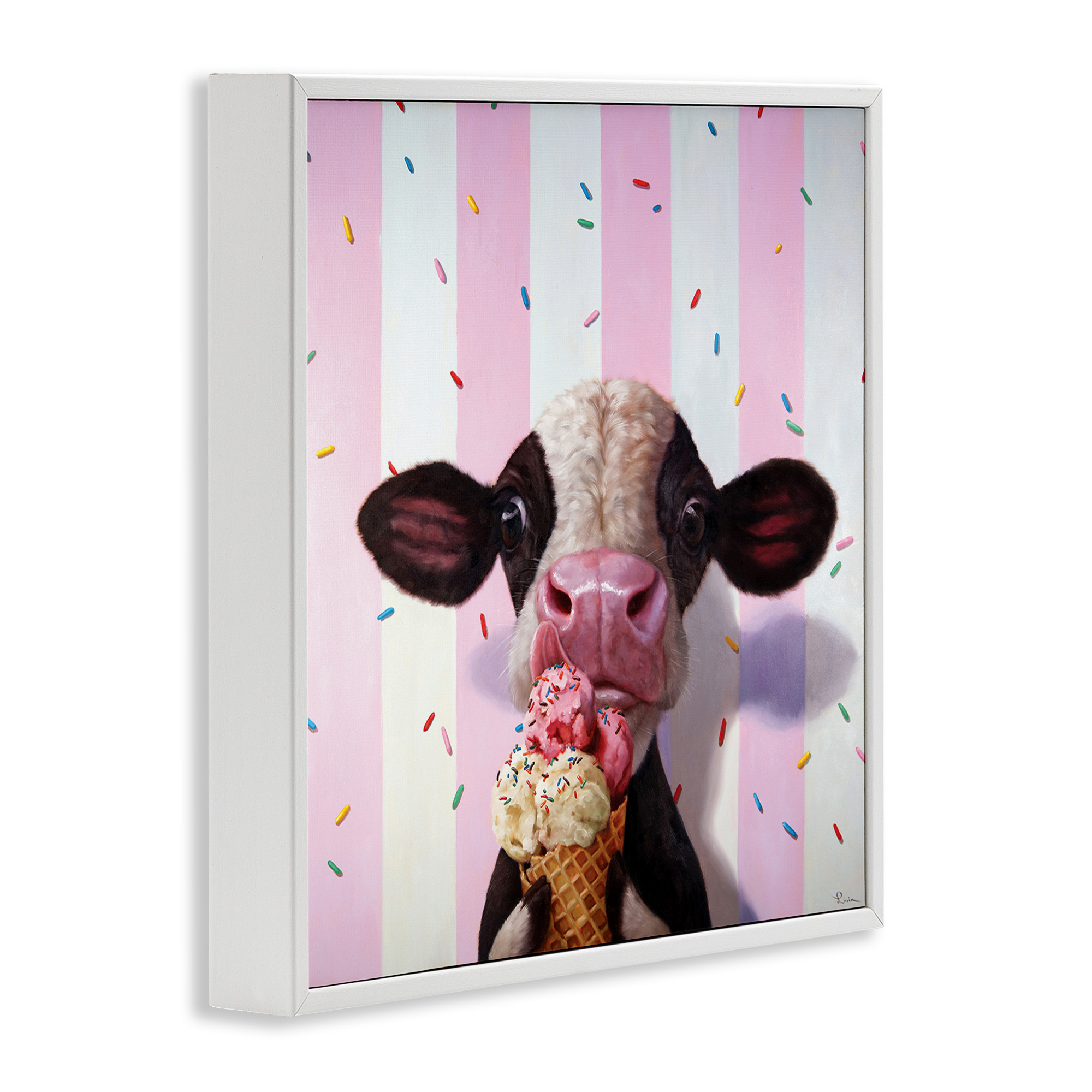 Stupell Industries Cow with Ice Cream Cone Animals & Insects Painting White Framed Art Print Wall Art, 17 x 17