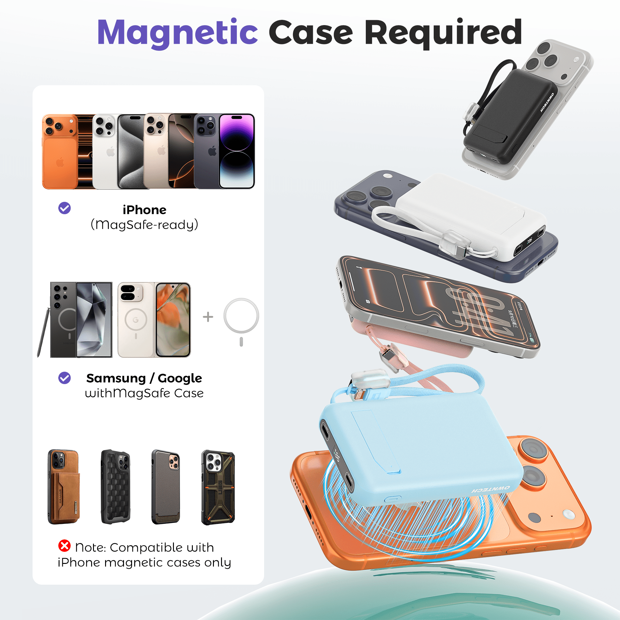 OWNTECH 10000mAh Magnetic Wireless Power Bank with Smart Display, 22.5W PD Fast Charging Portable Charger, Built-in Foldable Stand & USB-C Cable Compatible with iPhone 17/16/15/14 Series (Black)