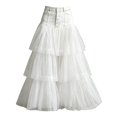 thumbnail image 4 of Wxolcjlv Women's Denim Patchwork Tulle Maxi Skirt Button Front Tiered Layered Skirts, 4 of 4