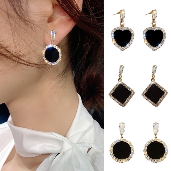 SmartBy 1 Pair Stud Earrings Shining Silver-Needle Geometric Dangle Electroplating Temperate Decoration Eye-catching Black Round Rhinestone Earrings Clothing Accessories
