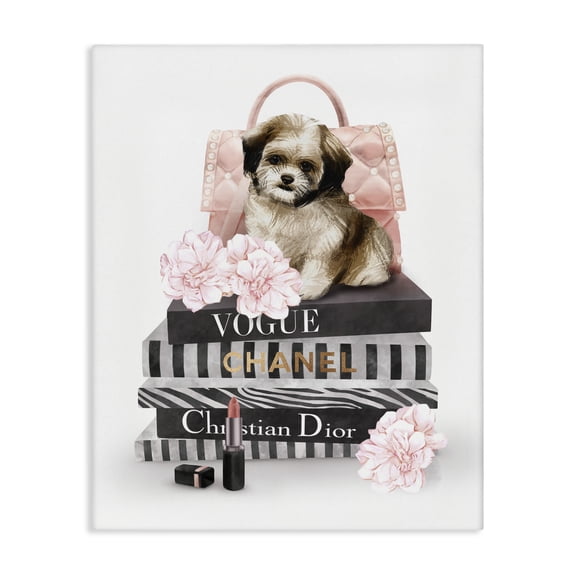 Stupell Industries Art Deco Fluffy Puppy on Fashion Books Pink Florals Canvas Art, 16 x 20, by Ziwei Li