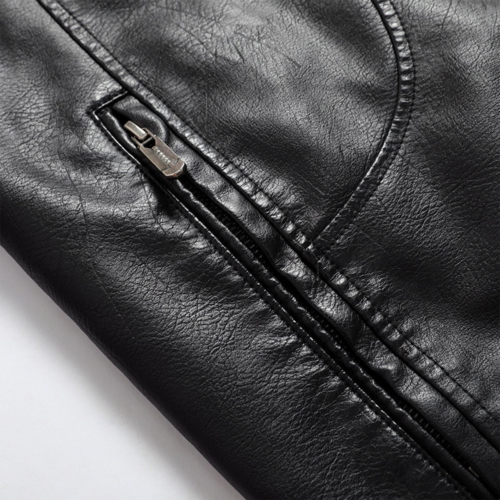 Maoxin Men Leather Jacket Men Leather Jacket Multiple Pockets Zipper Loose Coat Solid Color Long Sleeved Hooded Leatherwear Coat Leather Jackets for Men Black 3XL
