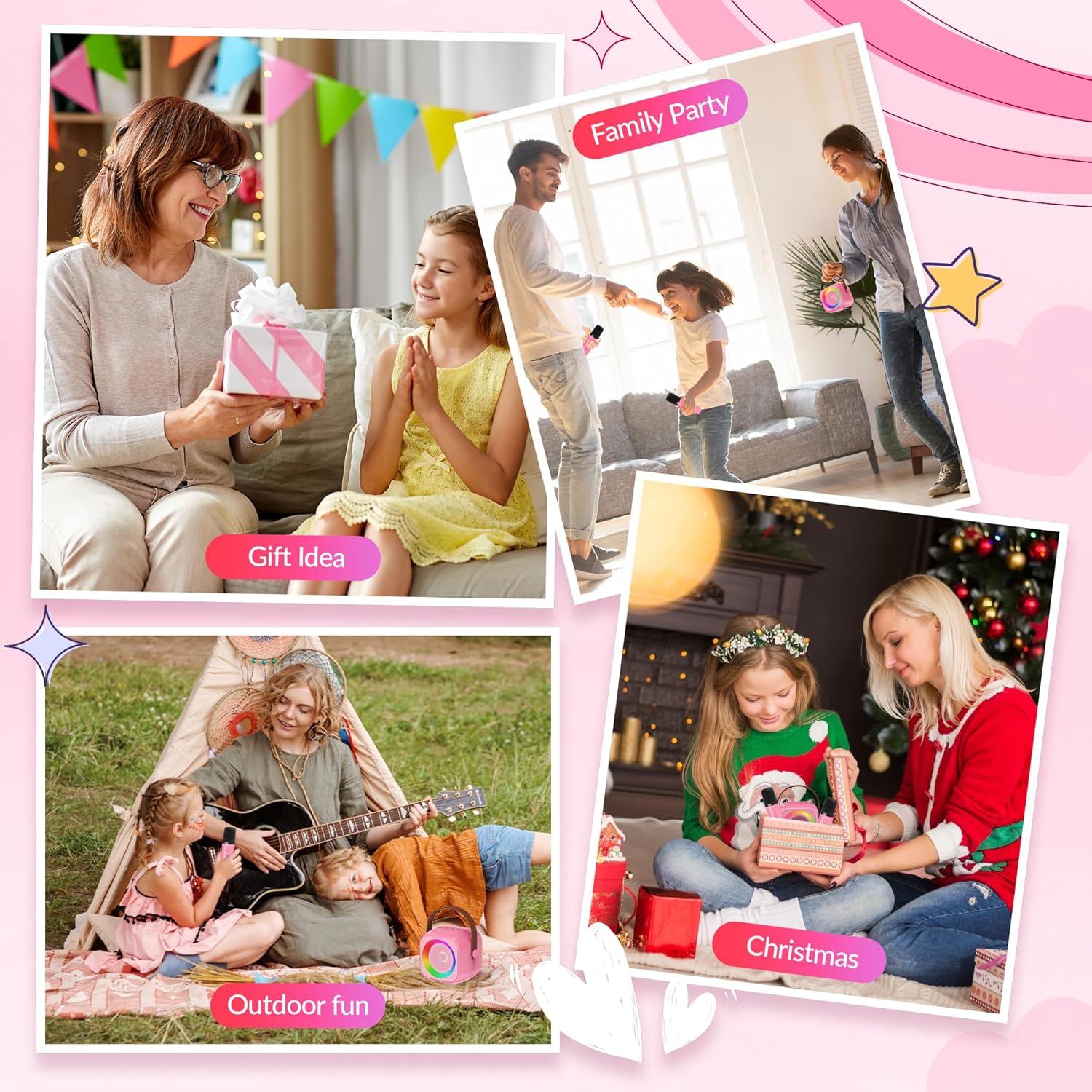 Mini Karaoke Machine with 2 Wireless Microphones for Kids Adults,Portable Bluetooth Karaoke Speaker with Party Lights,Christmas Birthday Gifts for Girls Ages 4, 5, 6,7, 8, 9, 10,12+ Family Home Party