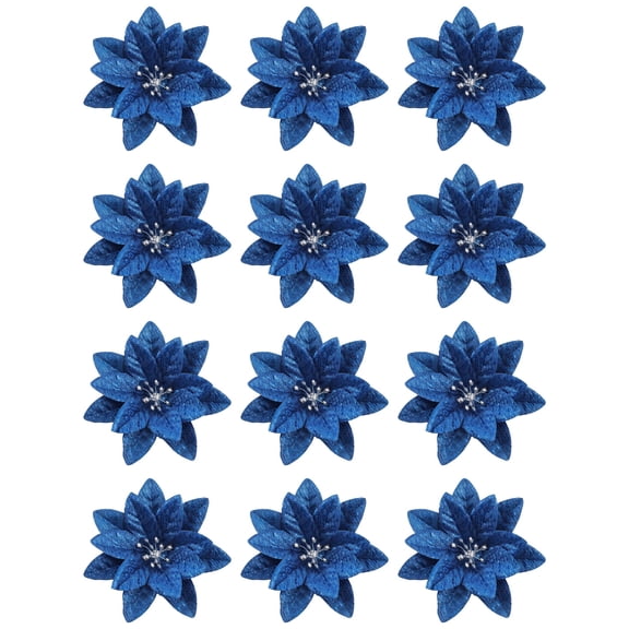 12 PCS Blue Glitter Poinsettia Flower Picks, 9CM Artificial Christmas Poinsettia Ornaments, Shiny Blue Christmas Decorative Flowers for Christmas Tree Wreath Garland Holiday Wedding Decor