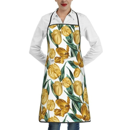 

Noikeo Yellow Tulips Pattern Kitchen Apron Waterdrop Resistant Apron with Adjustable Aprons for Women & Men with 2 Pockets Cooking Apron 1 Pack