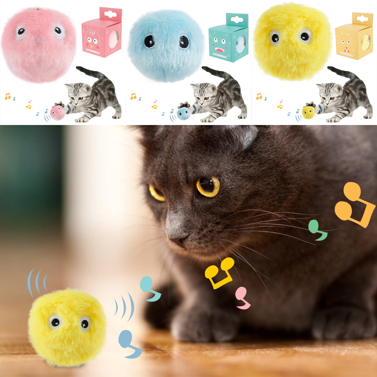 HOTBEST 3PCS Fluffy Plush Cat Ball Toys, Interactive Chirping Balls Cat