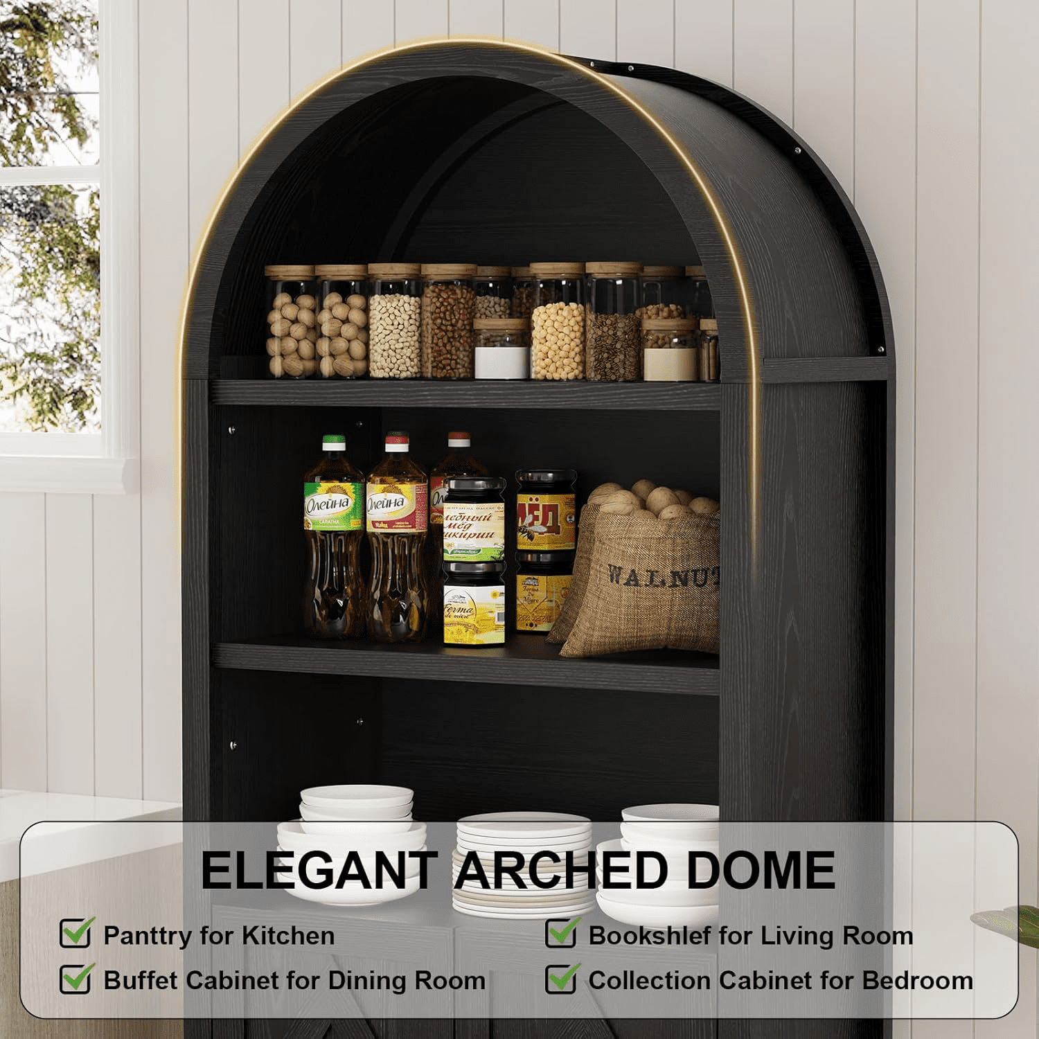Vipbear 70" Arched Cabinet, 5 Tier Arch Bookcase, Tall Pantry Wood Display Cabinet with Doors&Adjustable Shelve for Living Bed Room Kitchen
