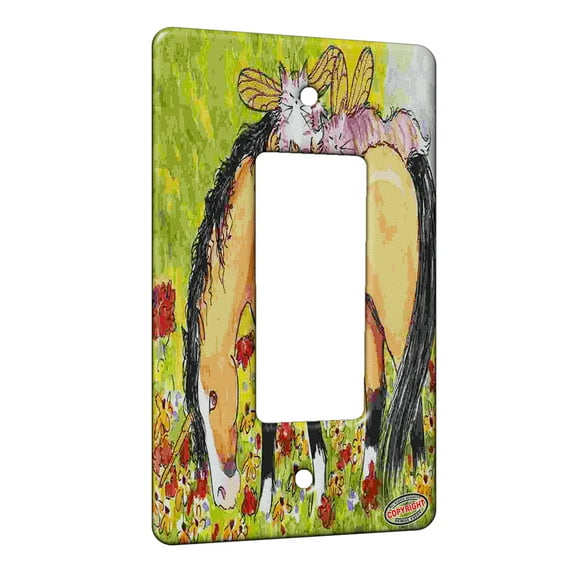 KuzmarK™ 1 Gang Rocker Wall Plate - Buckskin Unicorn and Tabby Maine Coon Kitty Fairies Fantasy Horse and Cat Art by Denise Every