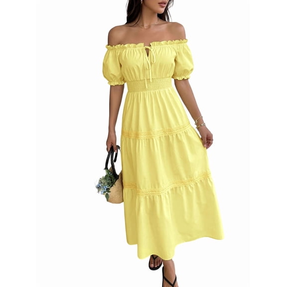 Women Off Shoulder Dresses Trendy Puff Short Sleeve Ruffle Flowy A Line Beach Party Maxi Dress Yellow S