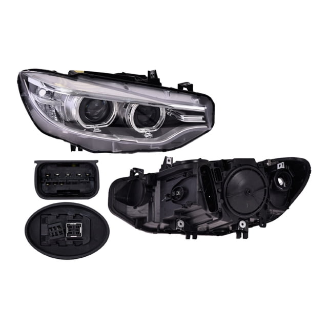 faro 428i 2014 a 2016 bmw der eléctrico c/motor p/foco xenón c/leds depo derecho — Farol derecho DEPO compatible BMW 428i 2014–2016; vista frontal con doble proyector circular para xenón y línea de LEDs en el borde superior; vista posterior muestra carcasa negra, motor eléctrico integrado, conectores y tapas. Cantidad: 1 pieza, 2 puertas.