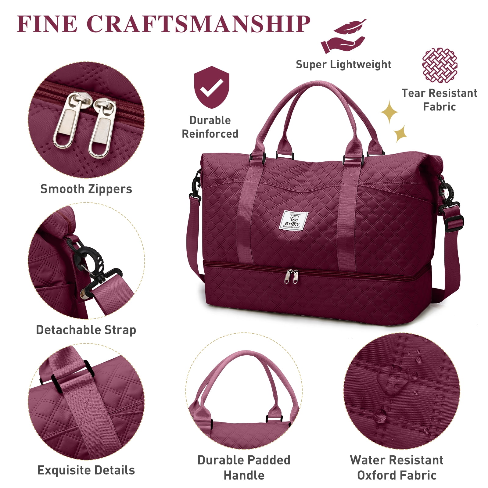 Gynky Travel Duffle Bag Weekender Bags for Women with Shoe Compartment Carry on Overnight Bag Gym Duffel Bag with Wet Pocket Hospital Bags for Labor and Delivery