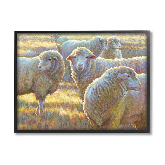 Sheep Herd Grazing Grassland Animals & Insects Painting Black Framed Art Print Wall Art