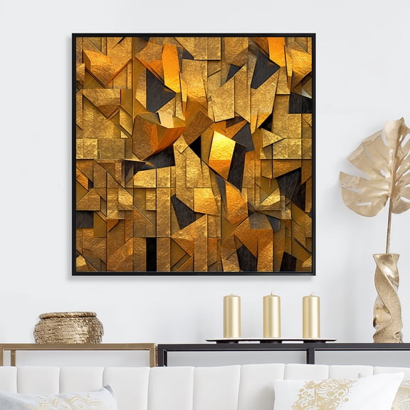 Designart "Geometric Wonders In Bold Gold And Black II" Modern Geometric Floater Framed Canvas Wall Art