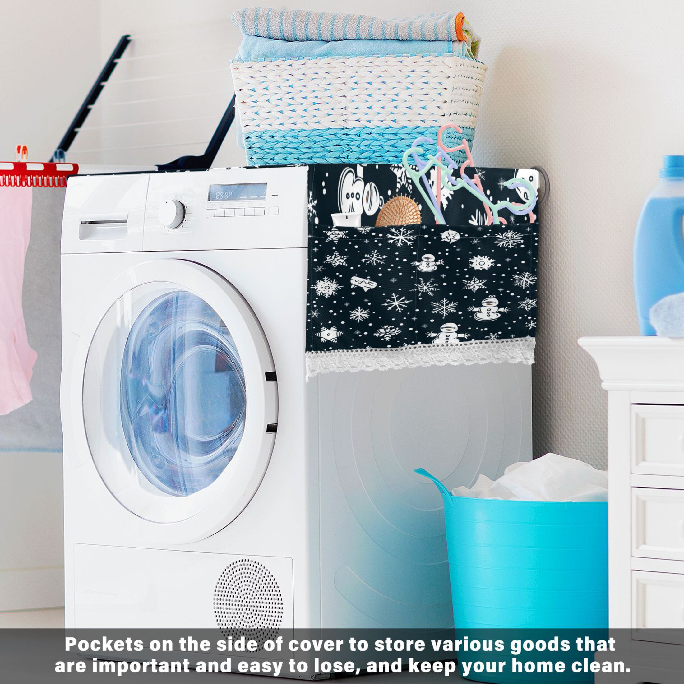 Snowflakes PatternWasher and Dryer Covers Dust-Proof and Oil Resistant Fridge Cover with 4 Storage Pockets Washing Machine Top Cover for Laundry Kitchen Home 51.2 x 22 In