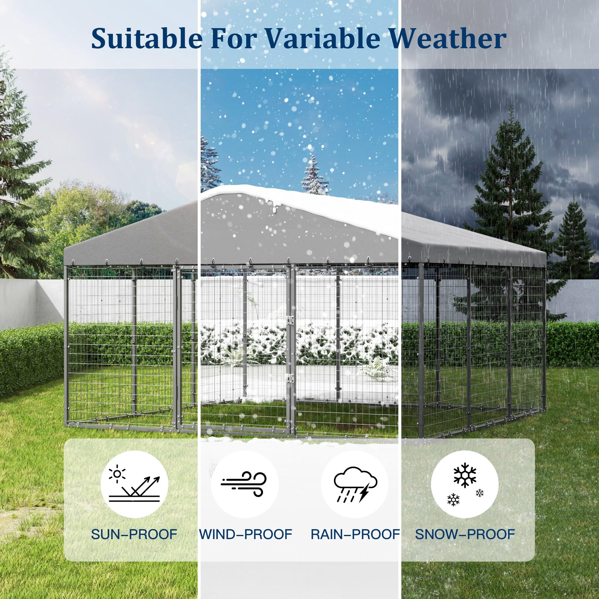 Large Heavy Duty Dog Kennel Outdoor, 118 x 118 x 70.9 Inch Galvanized Steel Dog Cage with Roof, Double Security Lock Pet Enclosure Fence, Black