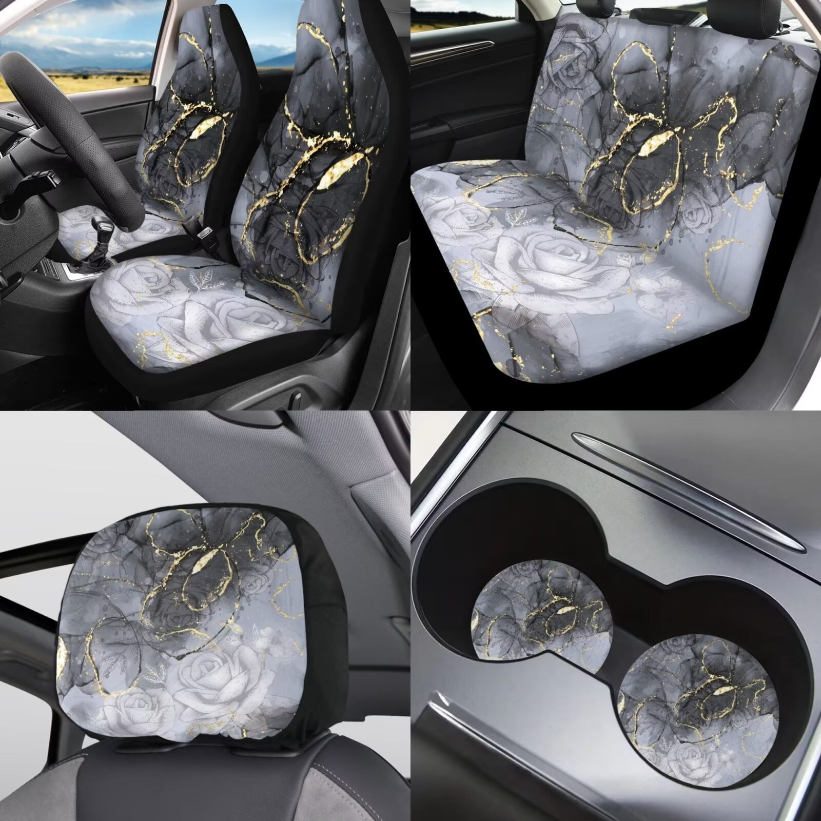 Garronmavis Black Gold Marble Car Seat Covers Full Set Accessories Auto Set of 11 with Cars Headrest Protectors+Lanyards Key Ring+Auto Cup Coaster+Handbrake Gear+Shift Knob Cover
