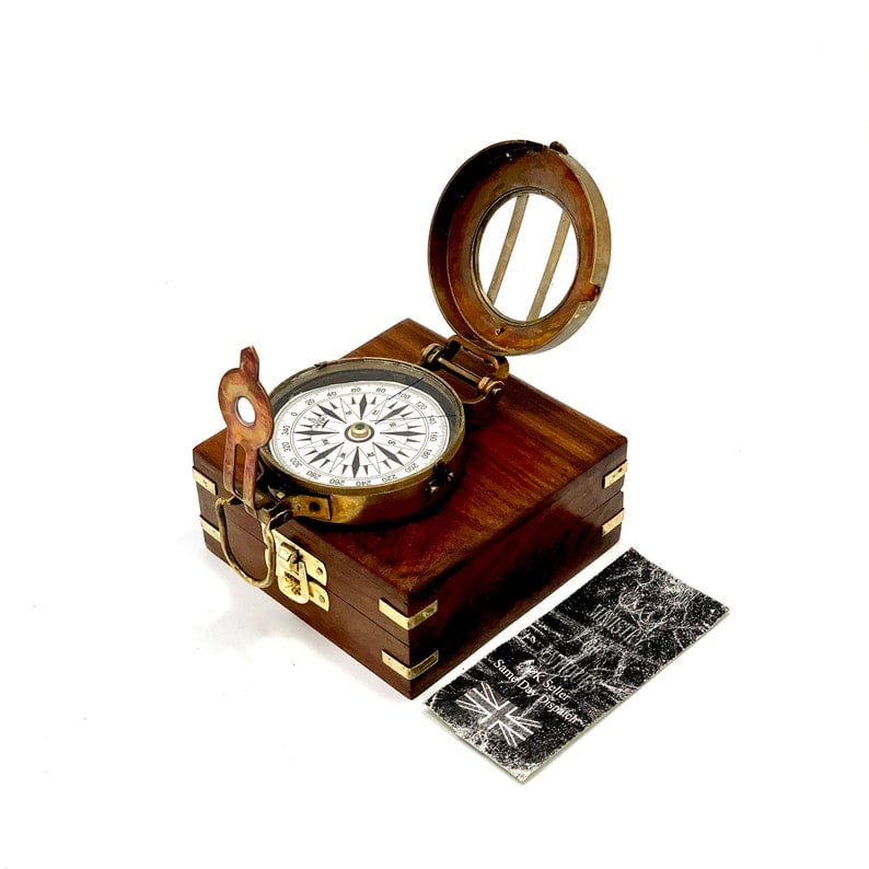Soldiers Military Thumb Compass Vintage Brass WW2 1940 Navigation Compass | World War II Style Military Compass with Anchor Engraved Wooden Box