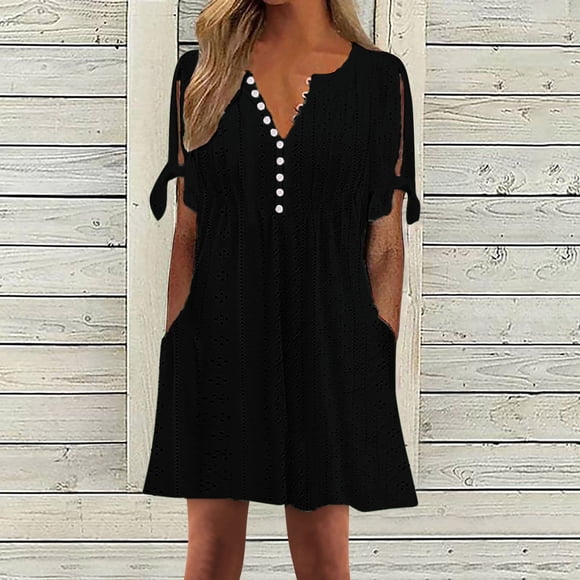 Baikeli Cheap Dresses Women's Fashion Solid Color Short Sleeve V-Neck Mid-Calf Dress Casual Dresses for Women 2024