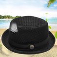 thumbnail image 4 of Men Women Summer Straw Pie Hat Boater Derby Fedora Sun Hats Straw Panama Hat Fedora Beach Sunhats Hats Costume Black Free Size, 4 of 5
