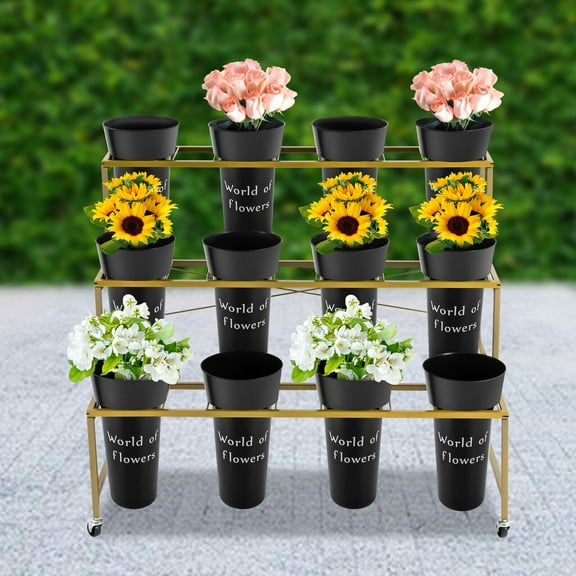 Flower Display Stand With 12PCS Buckets 3 Layers Metal Plant Stand with Wheels