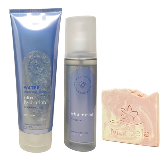 Bath & Body Works Water Winter Mint Body Cream and Perfume Mist with a Himalayan Salts Springs Sample Soap