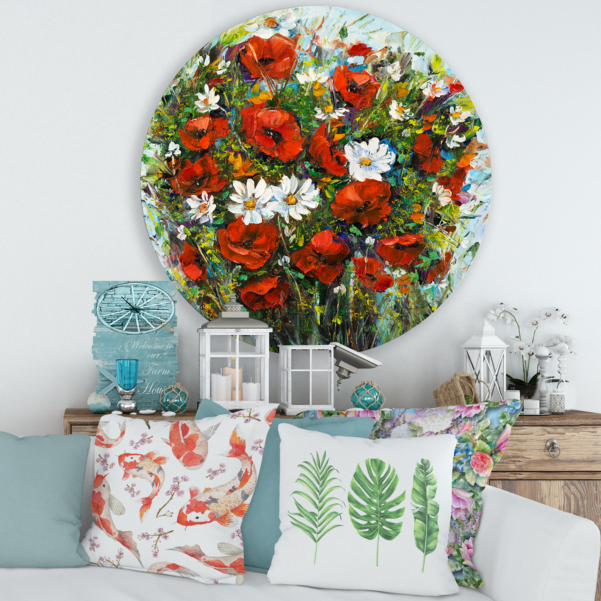 Designart 'Bouquet Of White and Red Wildflowers' Traditional Circle Metal Wall Art 29x29 - Disc of 29