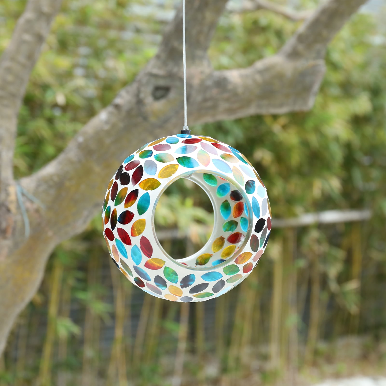 WONDER GARDEN Fly-Through Bird Feeder Mosaic Circle, Garden Hanging Hummingbird Feeder Outdoor for Wild Birds, Multi Color Droplets