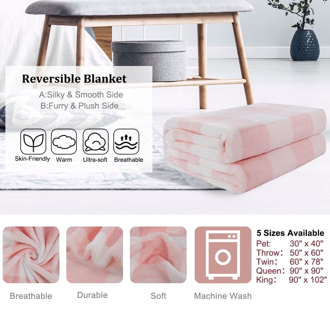 Plaid Soft Plush Fleece Blanket for Sofa Couch Bed Pink and White 50" x 60"