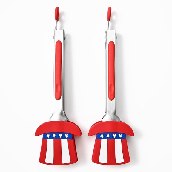 Cook with Color 2-Piece Mini Tongs Set, Stainless Steel with 3D Uncle Sam Hat Silicone Tips and Red Grip, Patriotic