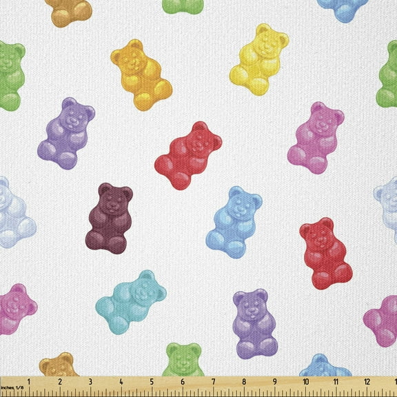 Dessert Fabric by The Yard, Vibrant Colored Gummy Bears Candies Delicious Jelly Sugary Snack Chewy Taste, Stretch Knit Fabric for Clothing Sewing and Arts Crafts, 1 Yard, Multicolor, by Ambesonne