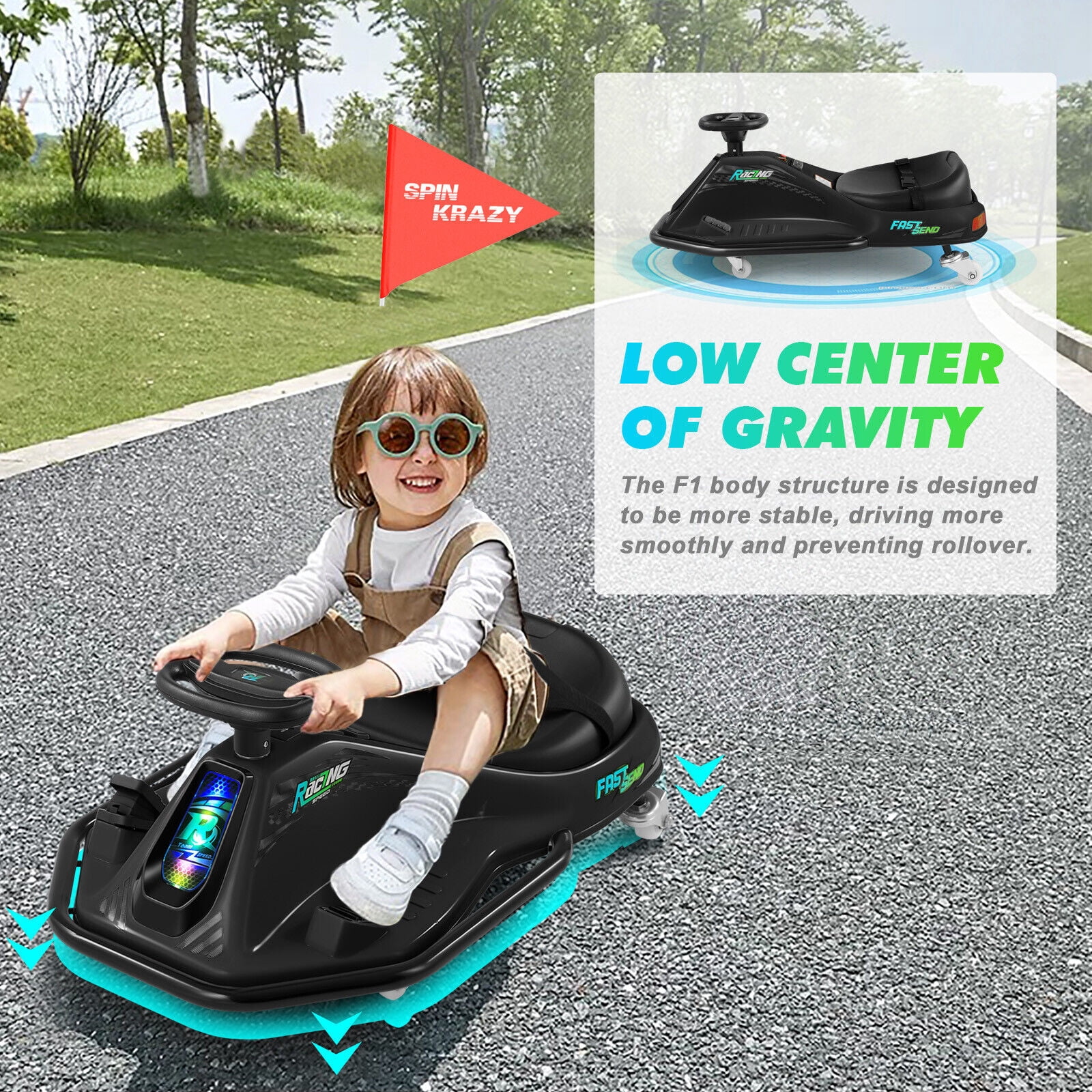 Joyldias 24 V Go Kart Powered Ride-On Toy with Flashing Lights and Bluetooth Enabled