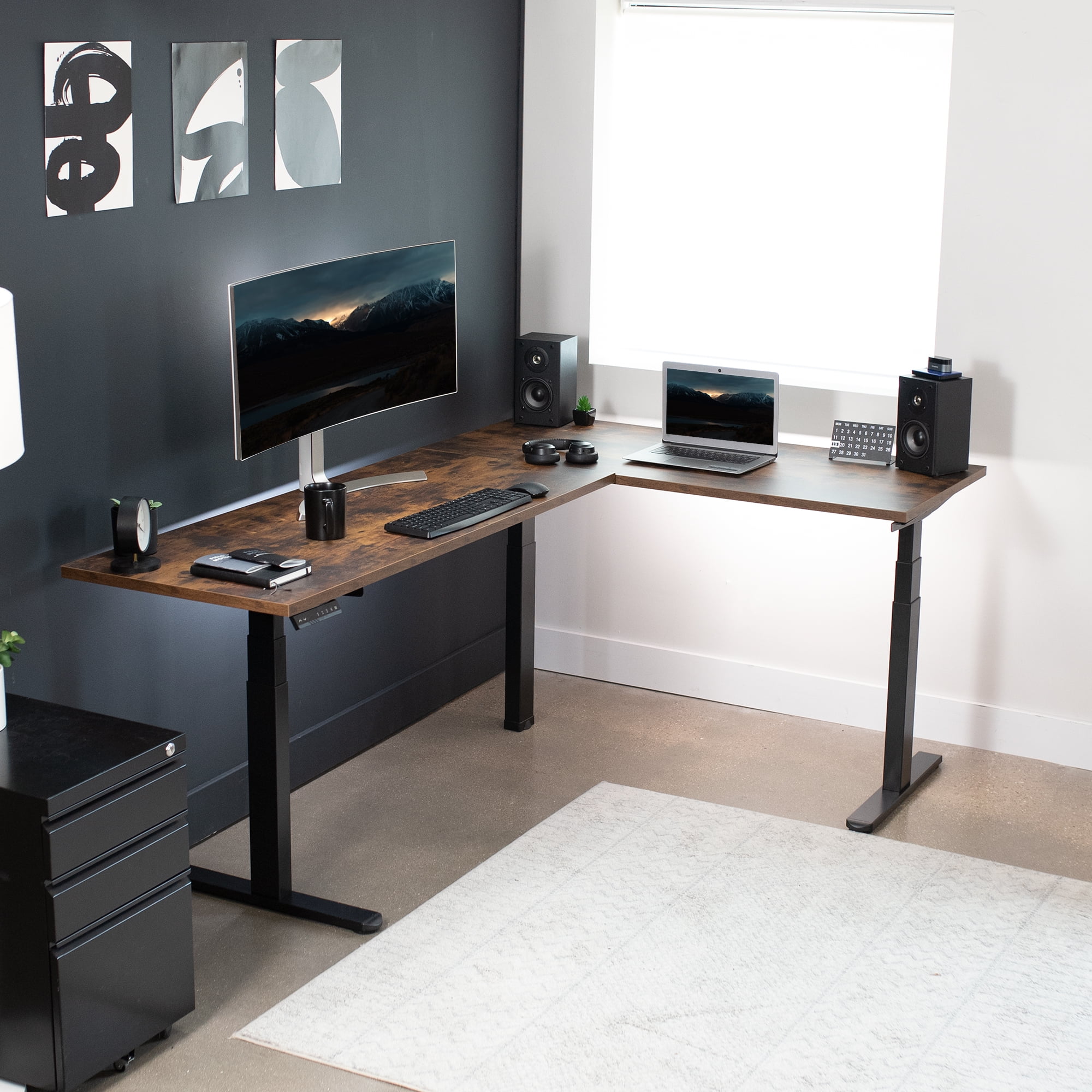 VIVO Black Electric Motor Height Adjustable Corner 3 Leg Standing Desk Frame