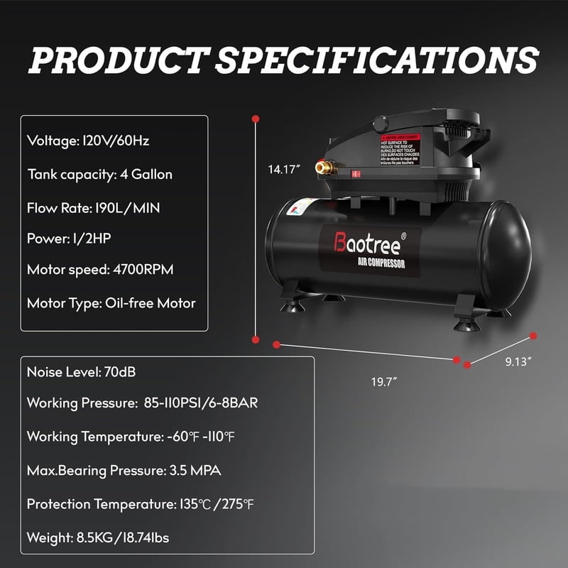 Datingday 4 Gallon Air Compressor, 0.5HP, 110 PSI Max, Portable & Ultra Quiet, Ideal for Home DIY, Tire Inflation, & Small Projects