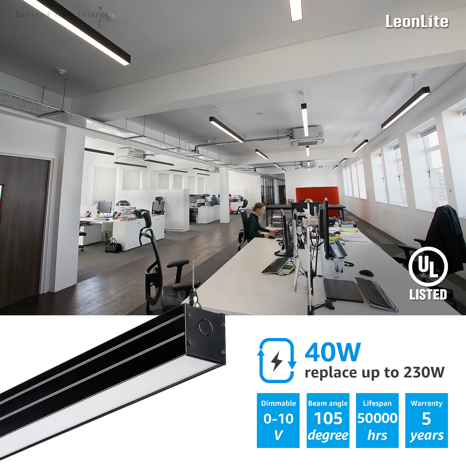 40W LEONLITE 4ft Dimmable LED Linear Light 100W-230W Eq. 4000K Cool White Pack of 2 5 Years Warranty UL & DLC Garage 4600lm Linkable Suspension Lighting Fixture Black for Office Market