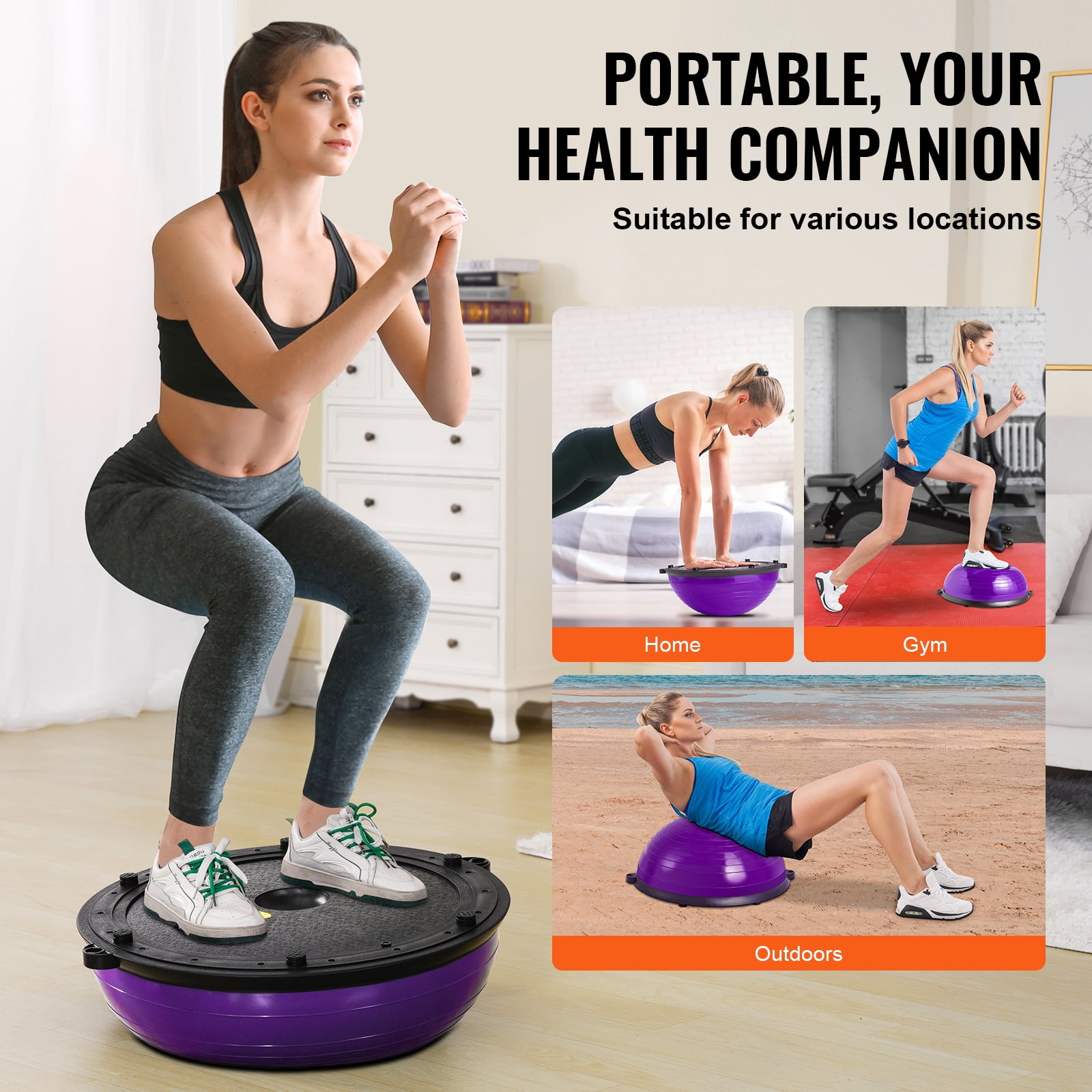 KFFKFF Semi Fitness Ball Equipment, 23-inch Equilibrium Ball Device, 660lbs Capacity Ball, Yoga Sphere with Resistance Loops & Foot Inflator, for Domestic Gym, Comprehensive Body Exercise, Violet