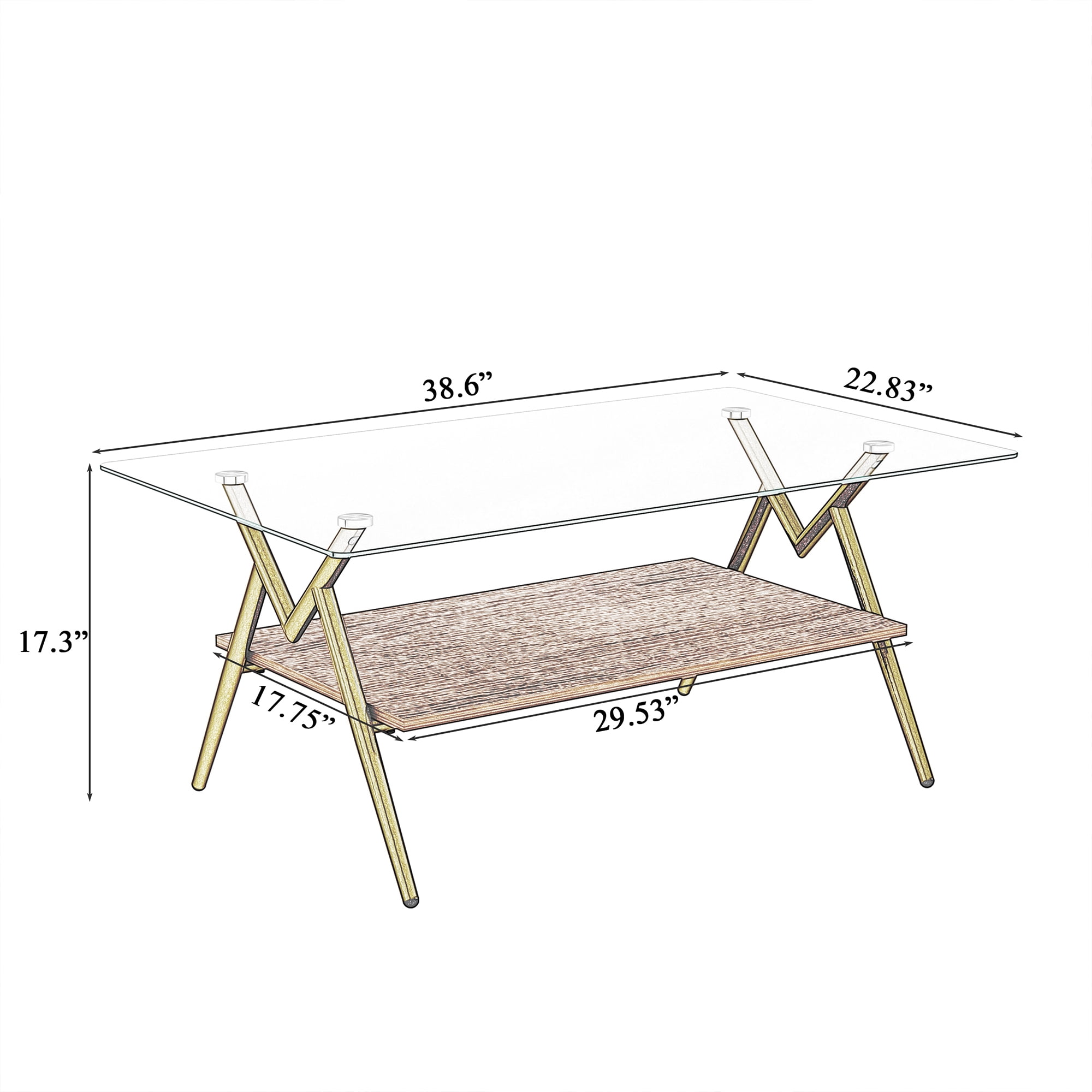 Leumius Glass Coffee Table with Lower Shelf,Clear Rectangle Glass Coffee Table, Modern Coffee Table with Metal Legs for Living Room,Golden+Transparent