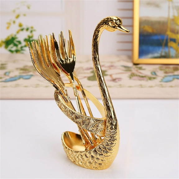 TOPRenddon Stainless Steel Coffee Spoon Set - 6-Piece Bar Utensils with Swan Stand, Food Grade Dessert Forks & Stirring Spoons for Cafe/Home, Dishwasher Safe