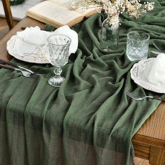 Artoid Mode Boho Cheesecloth Gauze Forest Green Wedding Table Runner, 300 cm Seasonal Fabric Kitchen Dining Holiday Table Decor for Home Party Indoor