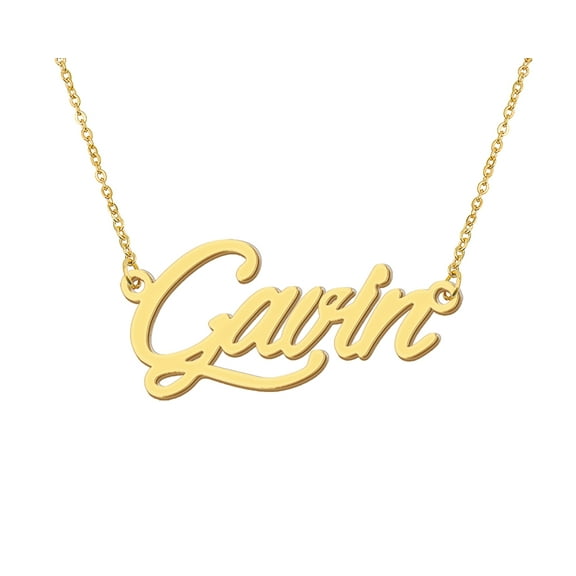 HUAN XUN 18k Gold Plated Gavin Name Necklace Stainless Steel Nameplate Necklaces for Womens Mens Mother Day Christmas Jewelry Gift