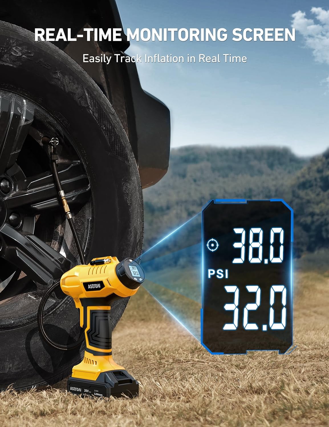 AstroAI Tire Inflator Cordless Air Compressor for Tires, Portable Air Pump for Car, Tire Pump Fast Inflation with Auto Shut off, LED Light, 160 PSI Pressure Gauge, Rechargeable Battery & 12V DC