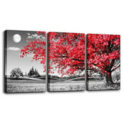 canvas wall art for living room Black and white red tree moon landscape painting bedroom Wall Decor 16" x 24"3 Pieces Ready to Hang for Decorations bathroom Works office family k